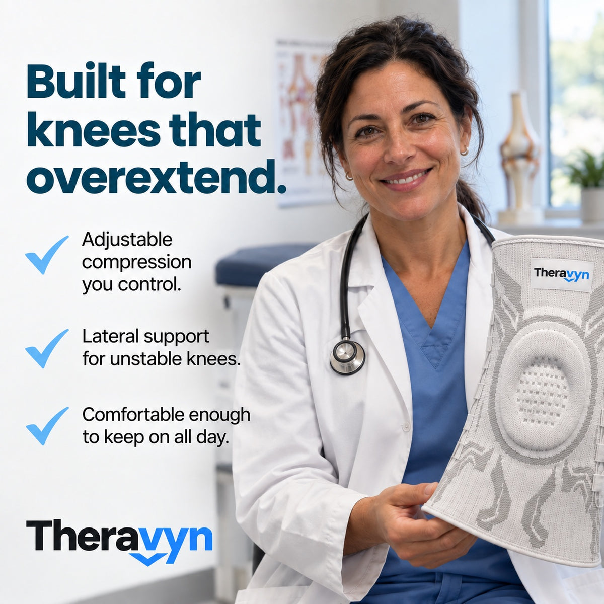 Built for knees that overextend — adjustable compression, lateral support, comfortable all day