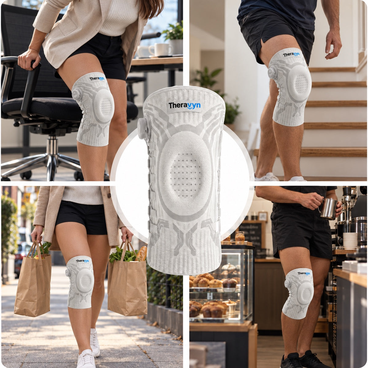 Theravyn Knee Sleeve in everyday moments — getting up, stairs, groceries, work
