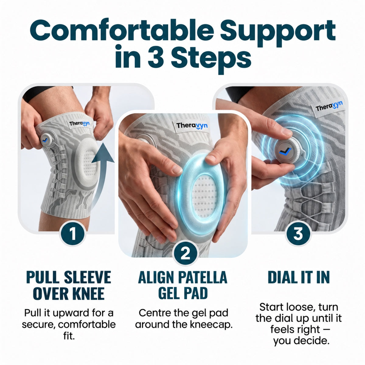 Comfortable support in 3 steps — pull over knee, align gel pad, dial it in