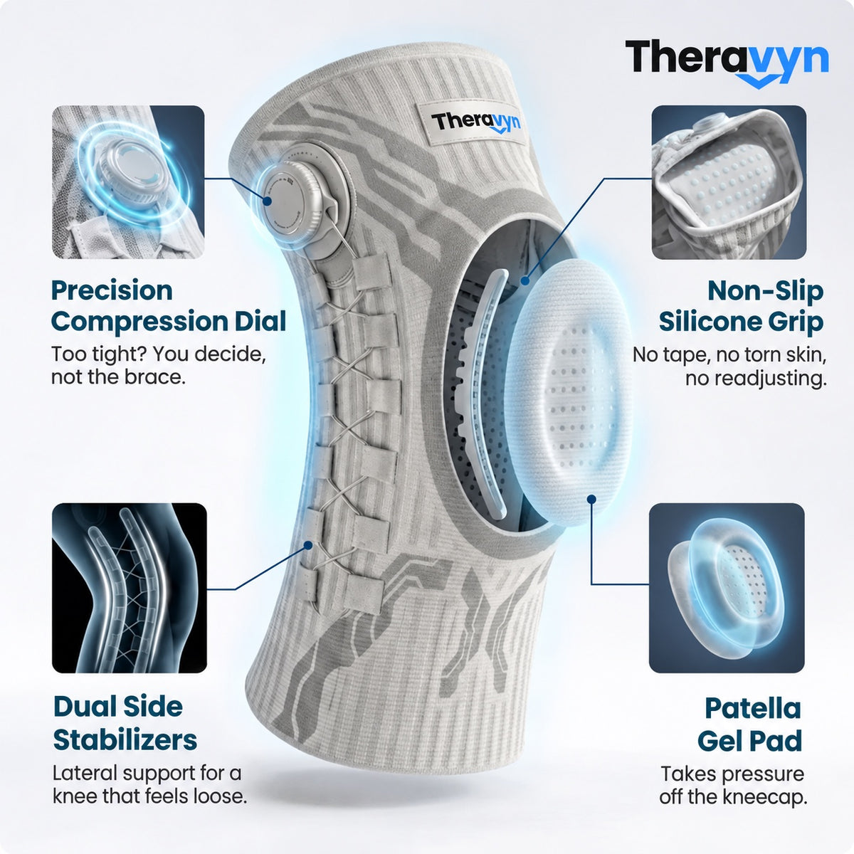 Precision compression dial, non-slip silicone grip, dual side stabilizers, patella gel pad